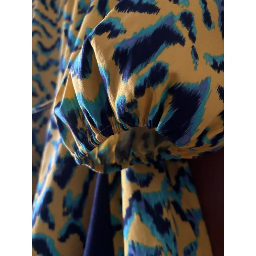 The Get Womens Print Mix Mini Dress Yellow Blue Ikat Long Sleeve Tie Waist L NEW